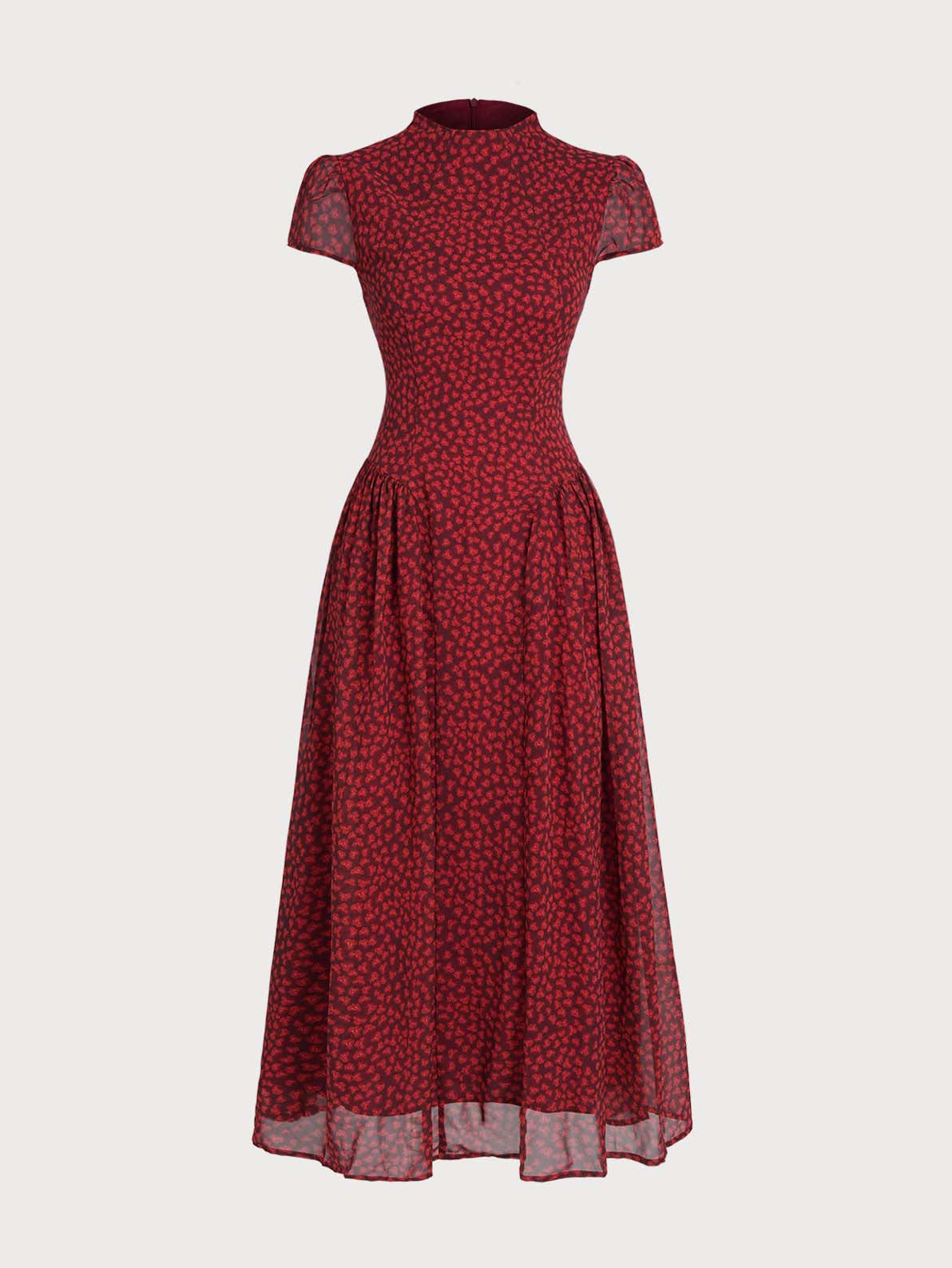 Retro Floral Pleated Flowy Midi Dress