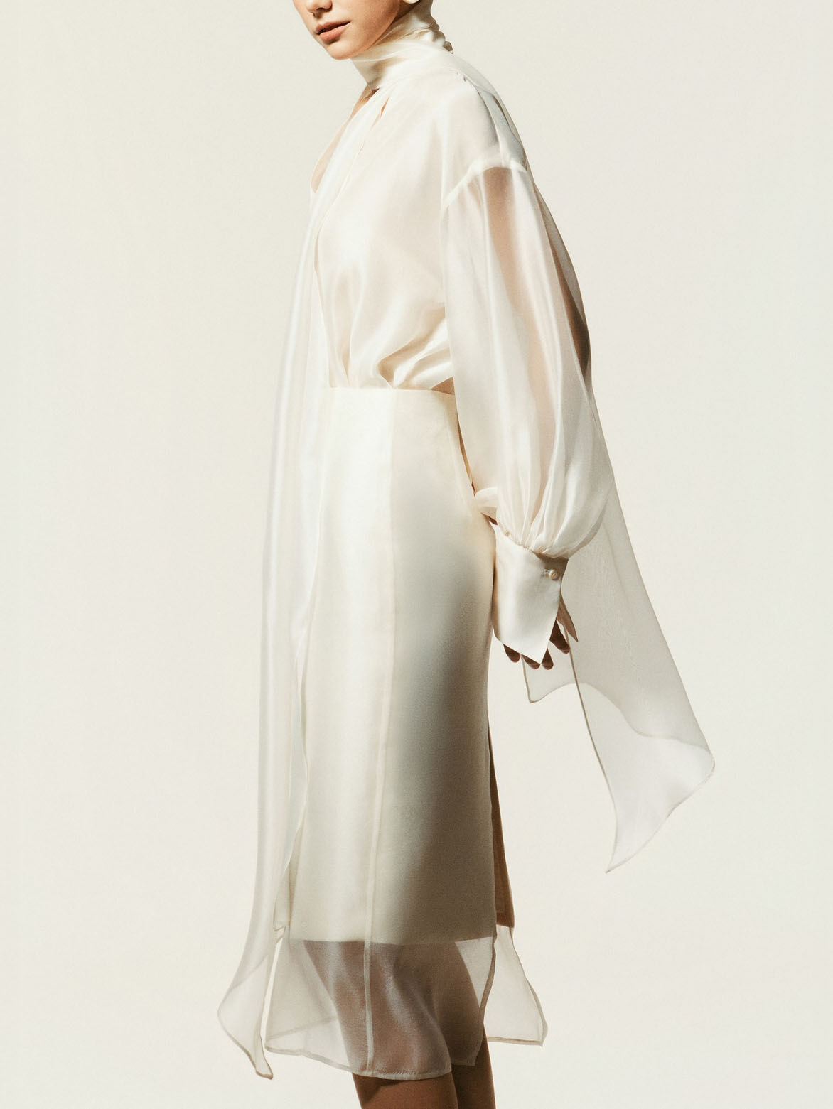 Elegant Sheer Scarf Blouse & Layered Midi Skirt Set