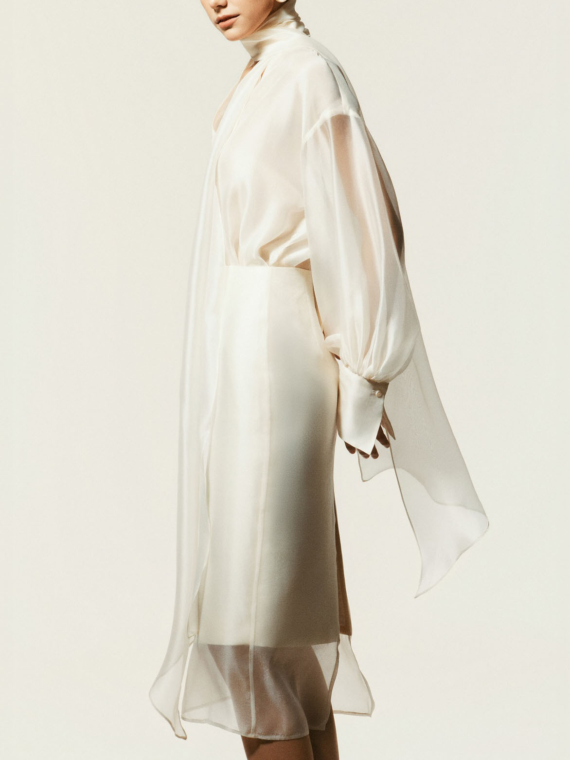 Elegant Sheer Scarf Blouse & Layered Midi Skirt Set