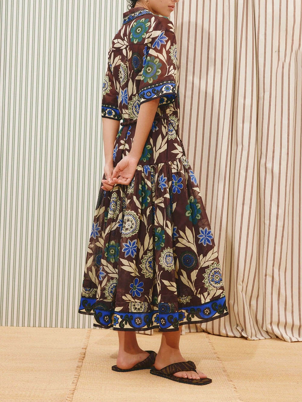 Retro Print Button-Front With Braided Rope Belt Maxi Shirtdress