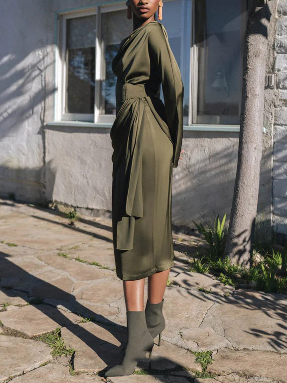 Elegant One-Shoulder Ruched Satin Long-Sleeve Blouse