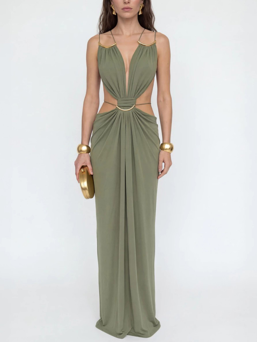 Sexy Metal Chain Cut-Out Backless Lace-Up Draped Maxi Dress