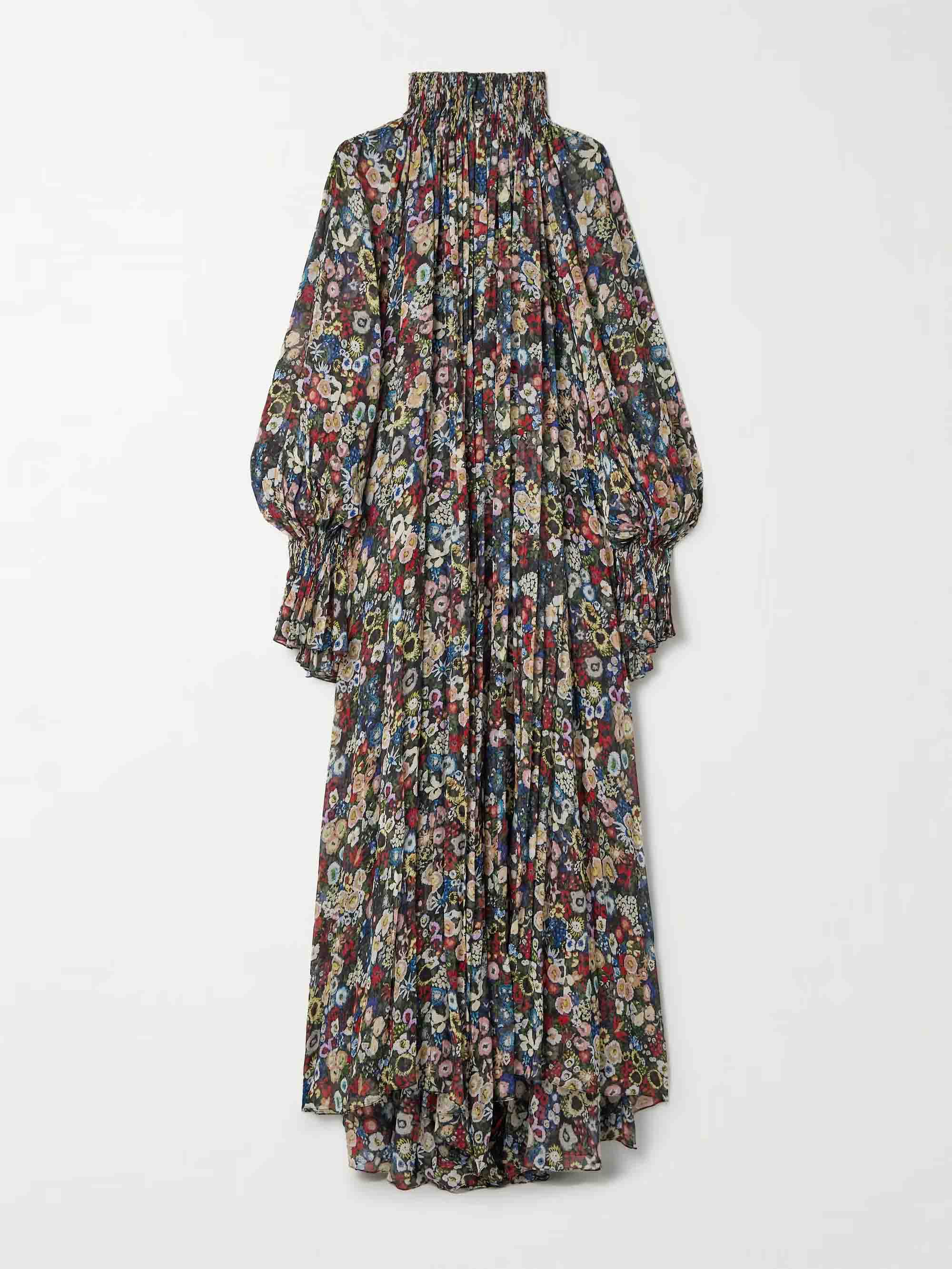 Casual Pleated Printed Chiffon High-Neck Maxi Dress