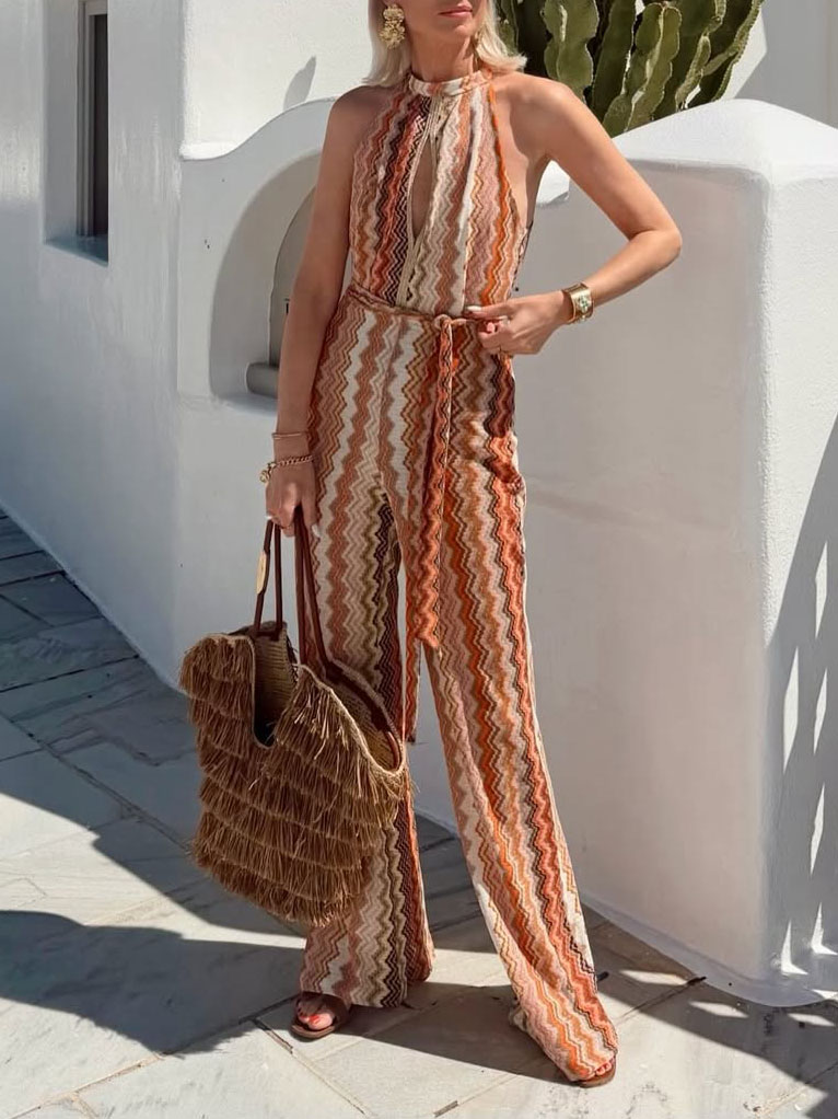 Casual Wave Print Halter Neck Jumpsuit