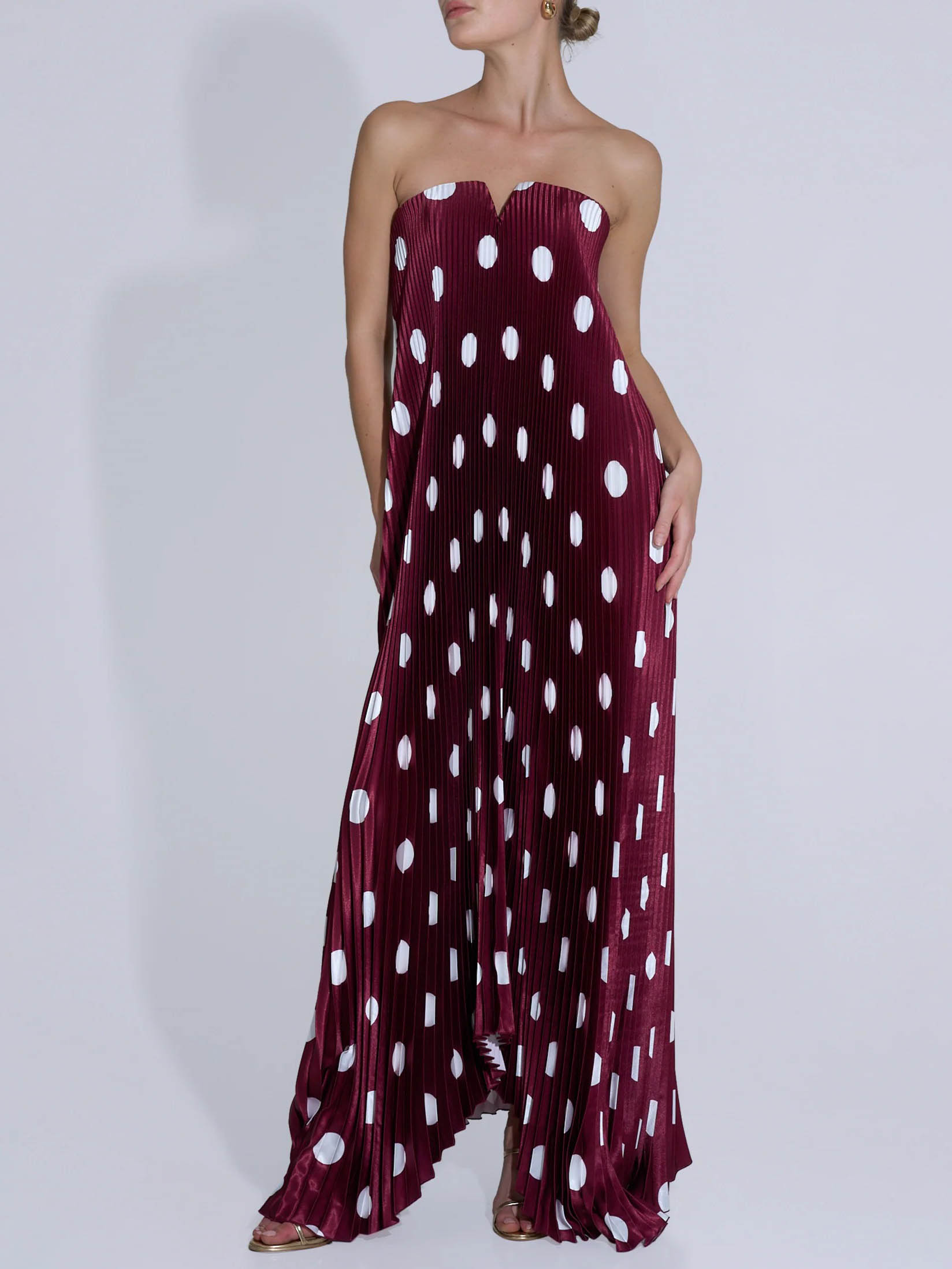 Elegant Strapless Polka Dot Print Pleated Maxi Dress