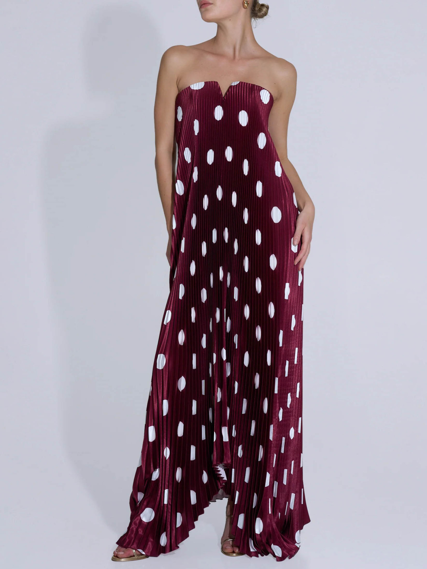 Elegant Strapless Polka Dot Print Pleated Maxi Dress