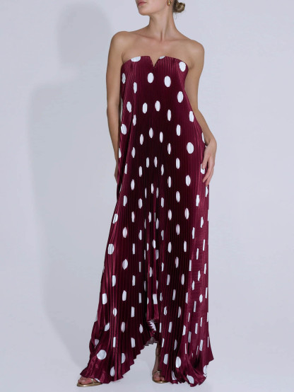 Elegant Strapless Polka Dot Print Pleated Maxi Dress