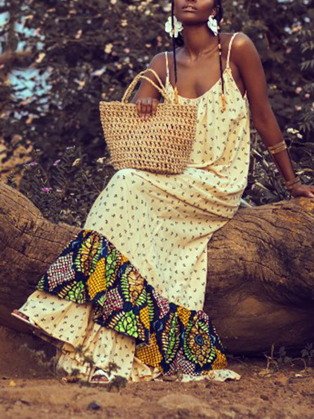 Bohemian Patchwork Print Off-Shoulder Vacation Maxi Dress