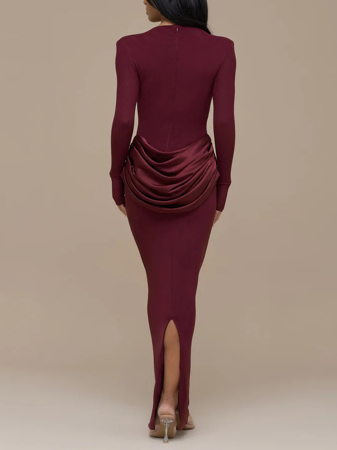 Elegant Pleated Long-sleeved Slim-fit Maxi Dress