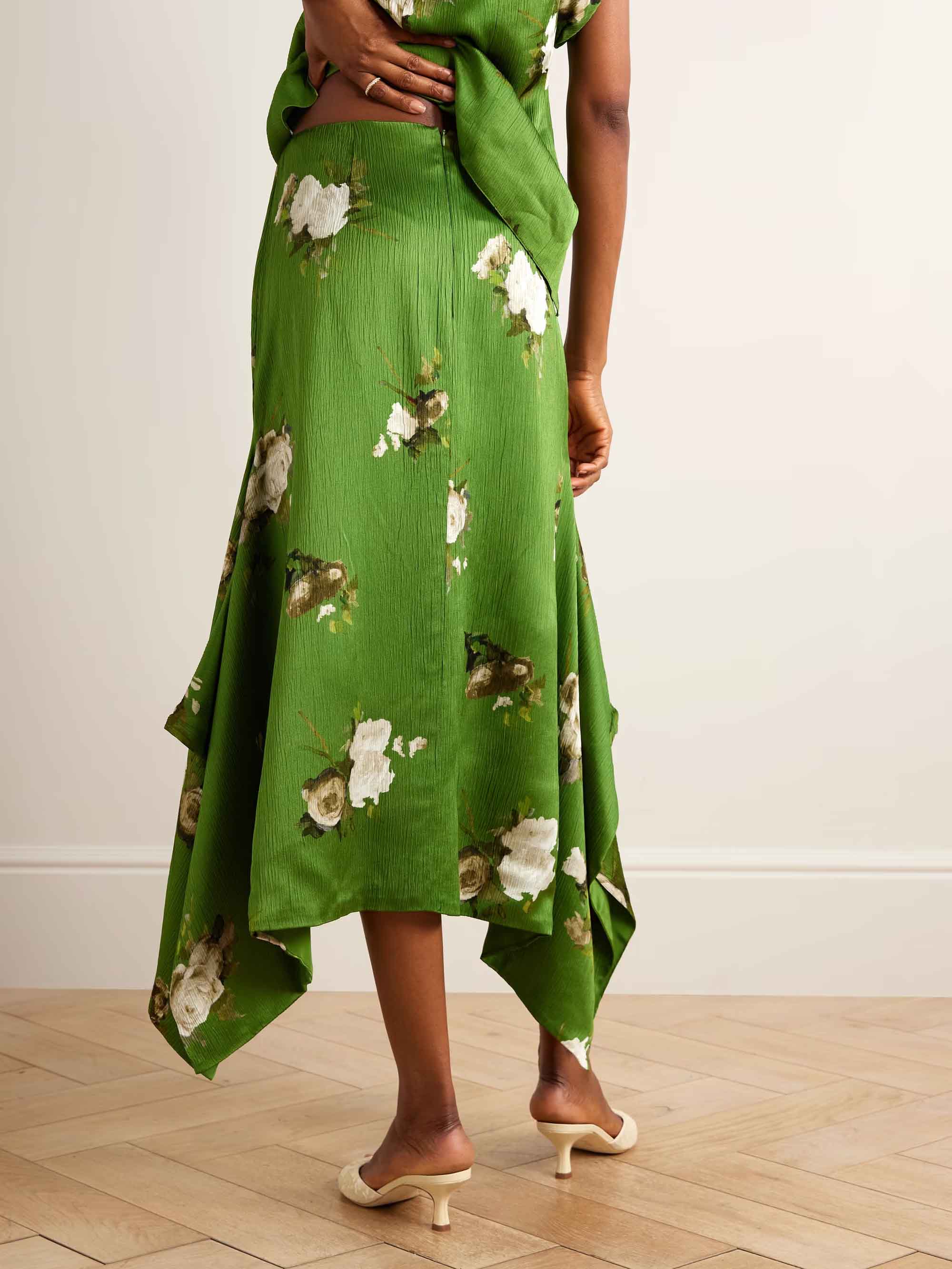 Exquisite Rose Floral Print Satin Irregular Skirt