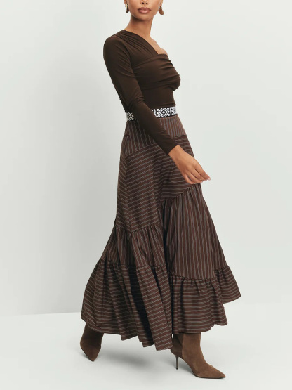 Retro Irregular Cut Striped High Waist Midi Skirt