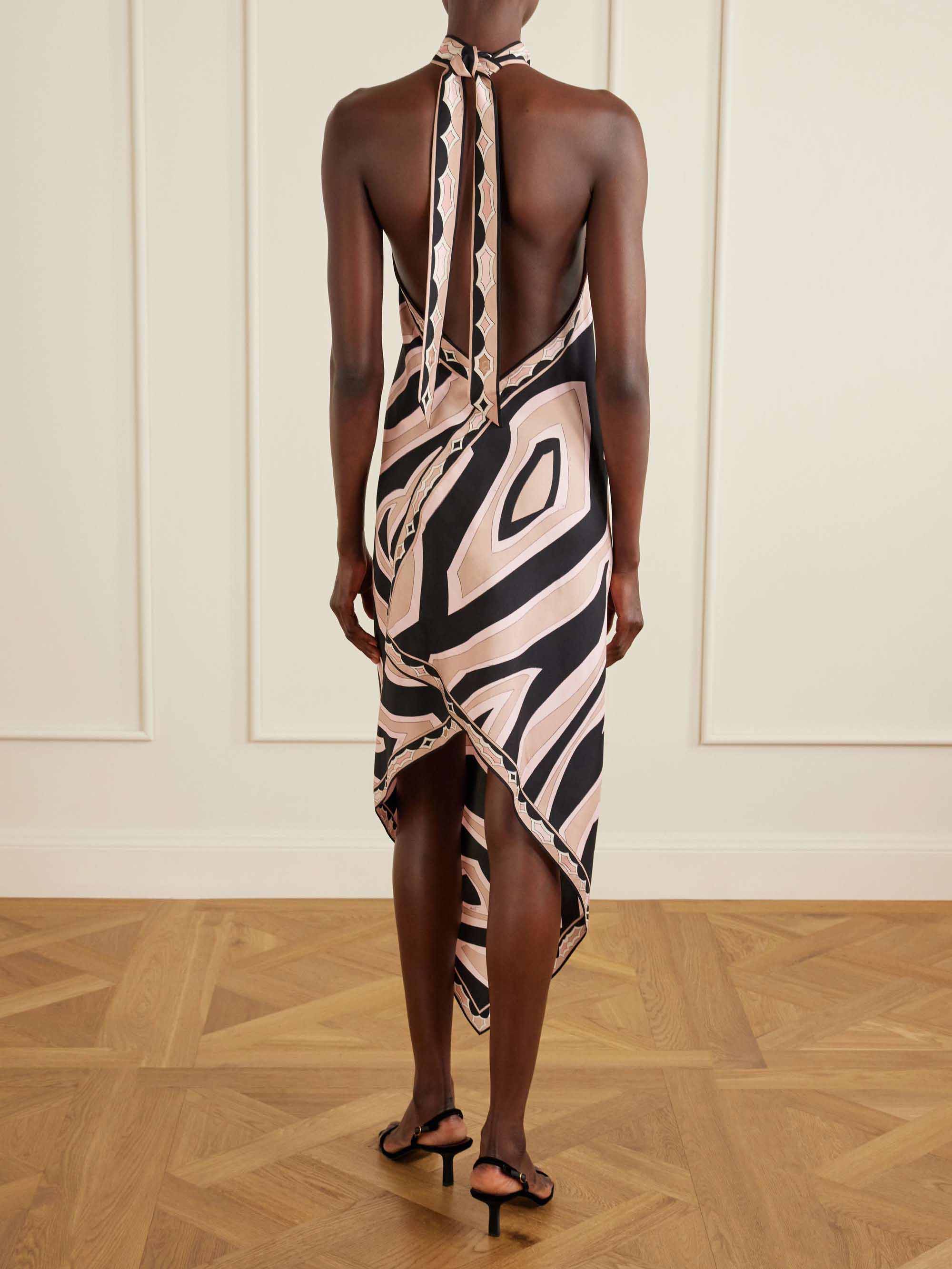 Elegant Geometric Print Halter Neck Satin Midi Dress