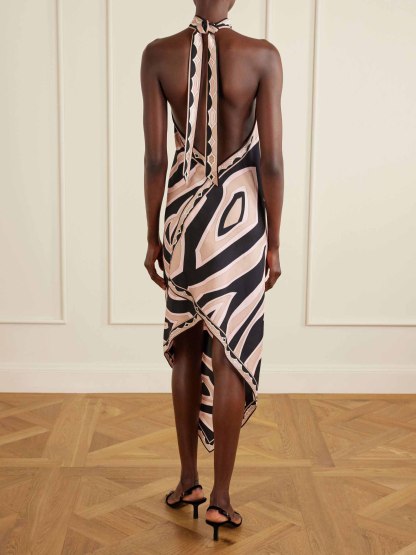 Elegant Geometric Print Halter Neck Satin Midi Dress