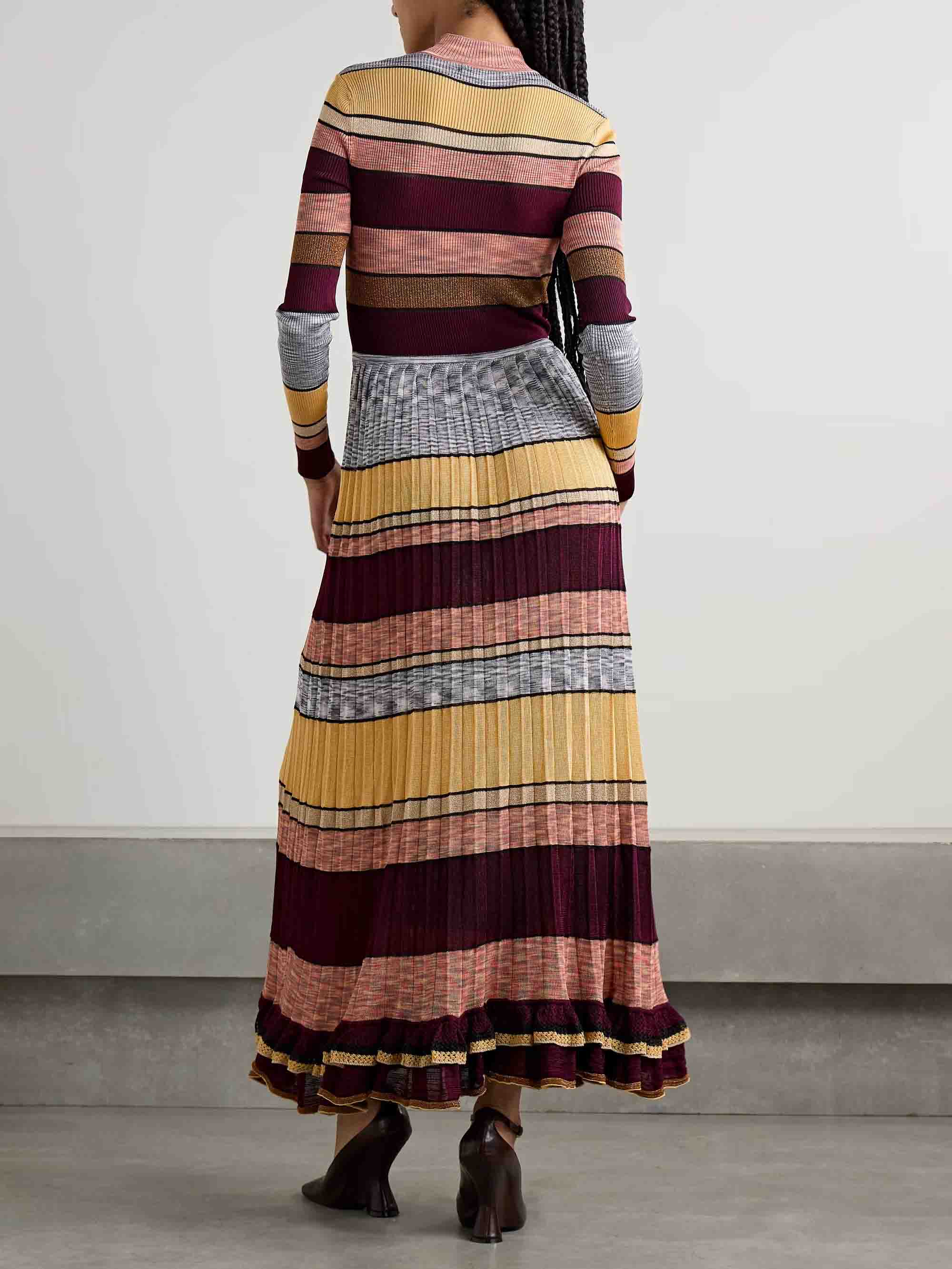 Exquisite Colorful Striped Ruffled Knit High-Neck Maxi Dress