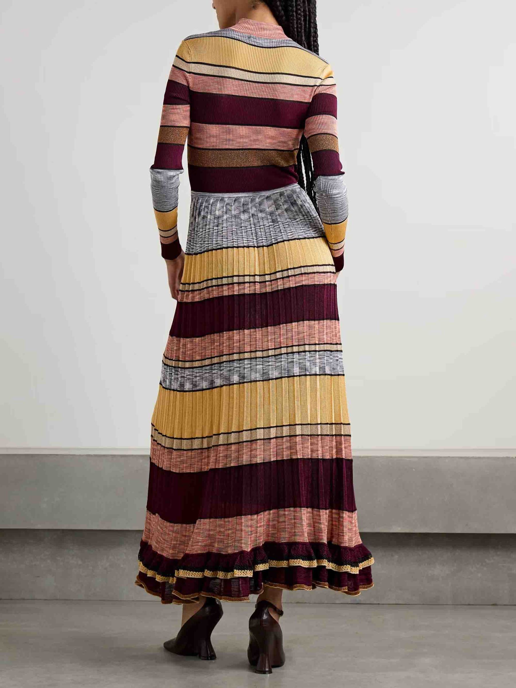 Exquisite Colorful Striped Ruffled Knit High-Neck Maxi Dress