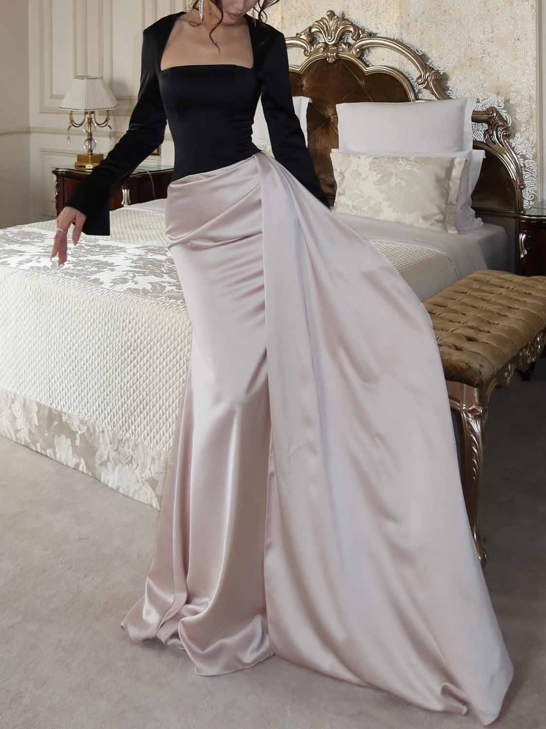 Elegant Satin Draped Fishtail Maxi Dress