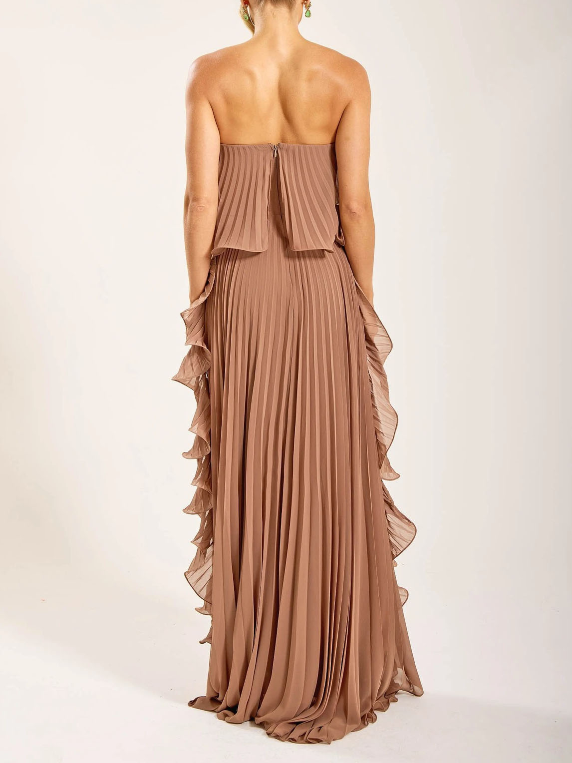 Vestido Maxi de Chifón con Pliegues y Volantes sin Tirantes Elegante