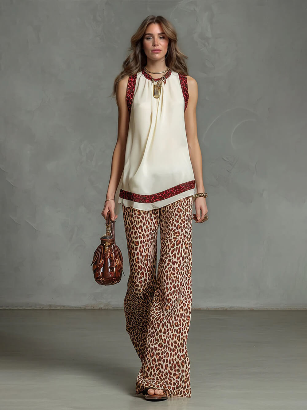 Fashion Leopard Print Elastic Waist Wide-Leg Pants