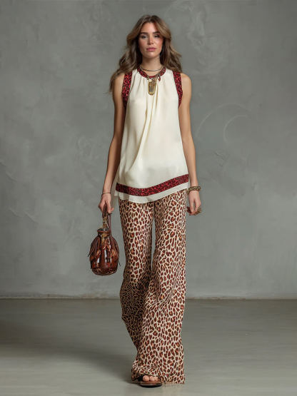 Fashion Leopard Print Elastic Waist Wide-Leg Pants
