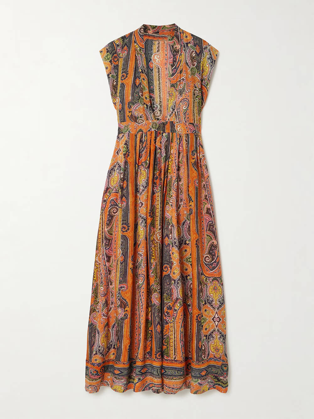 Delicate Belted Paisley Print Satin Maxi Dress