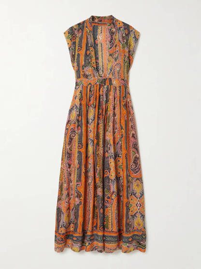 Delicate Belted Paisley Print Satin Maxi Dress