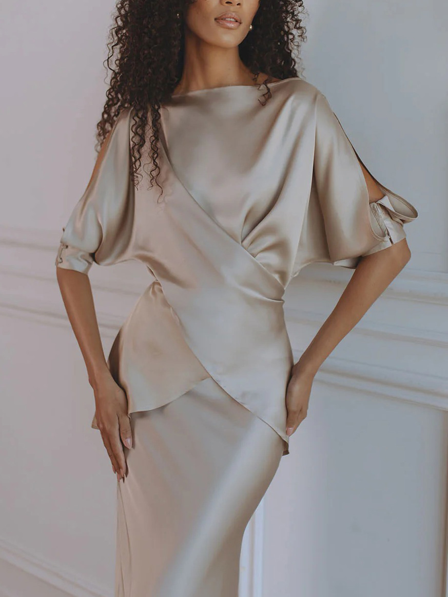 Elegant Satin Drawstring Belt Shirt Two-piece Set