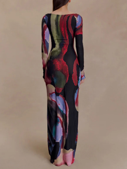 Exquisite Abstract Print Bodycon Long-sleeved Maxi Dress