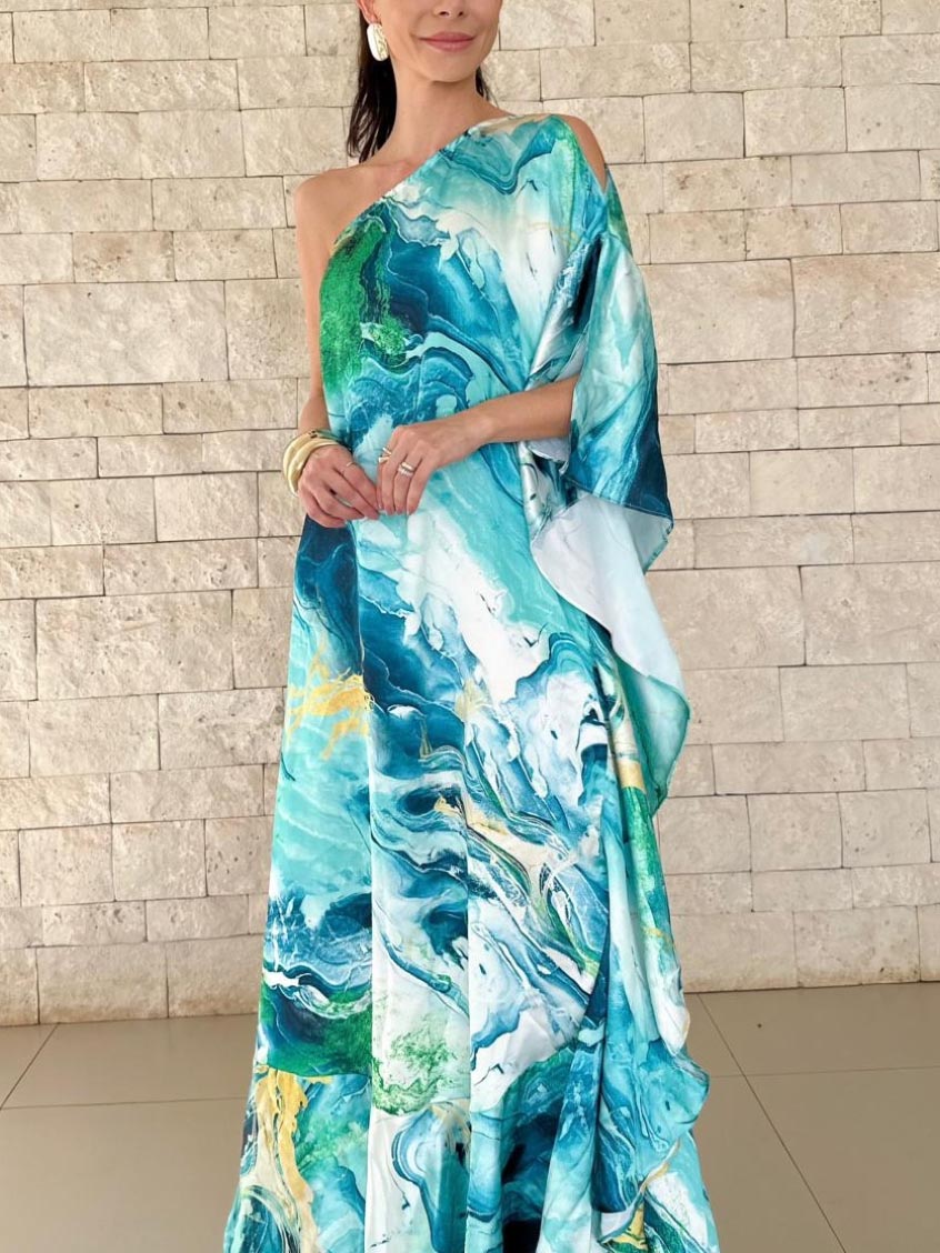 Elegant Satin Marble Print One-Shoulder Maxi Dress