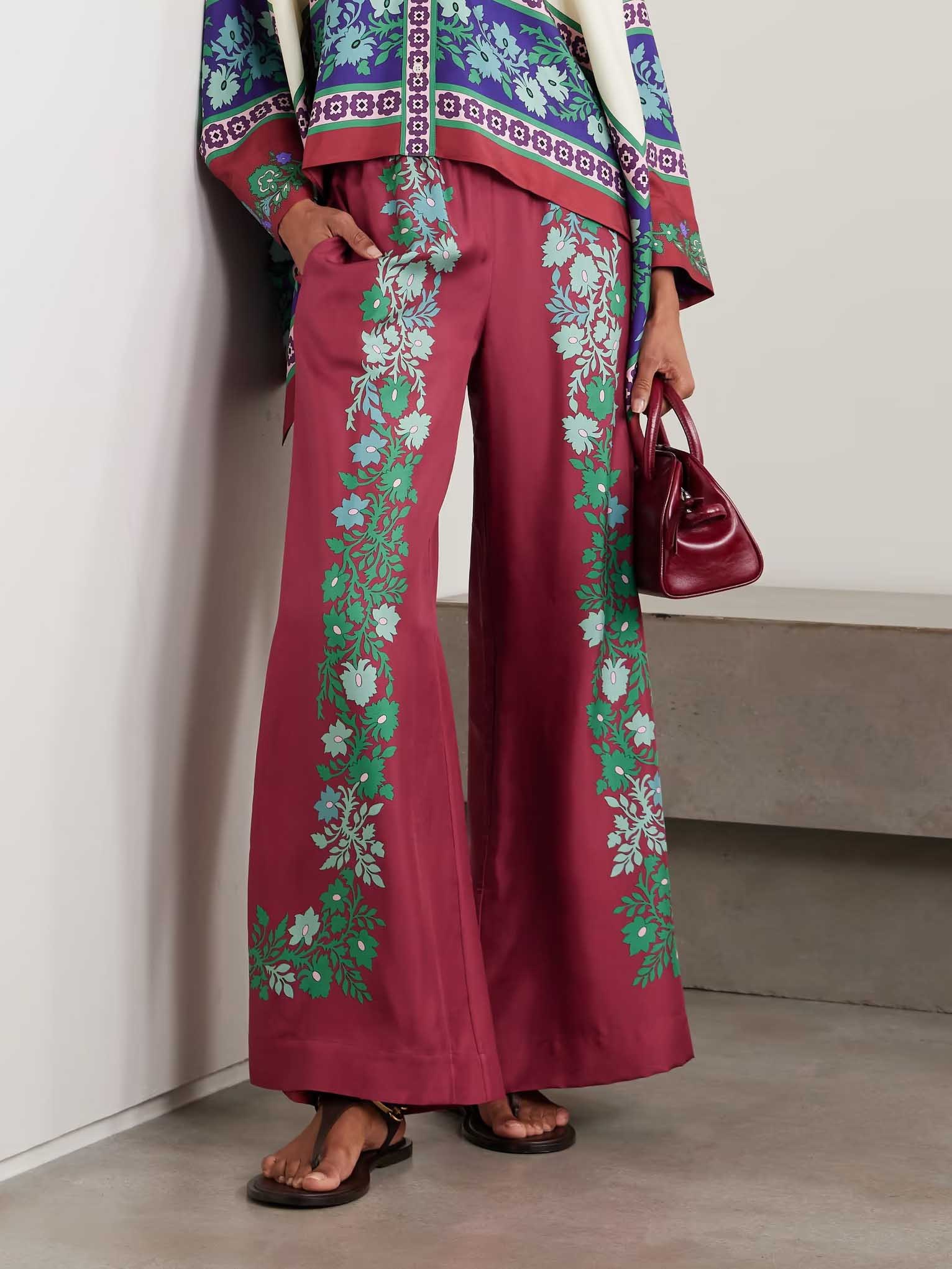 Exquisite Retro Satin Print Wide-Leg Pants