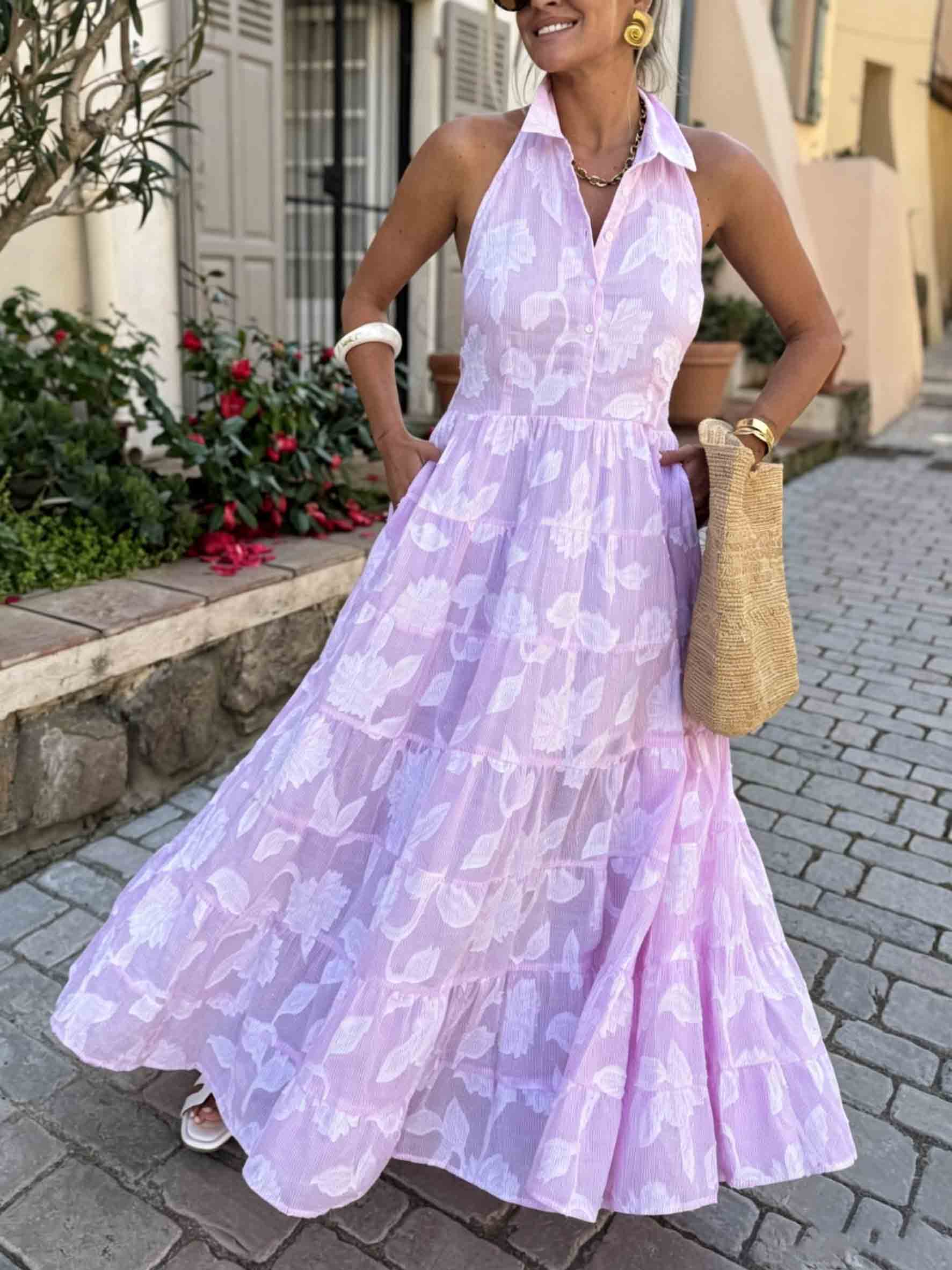 Exquisite Striped Floral Jacquard Backless Layered Maxi Dress