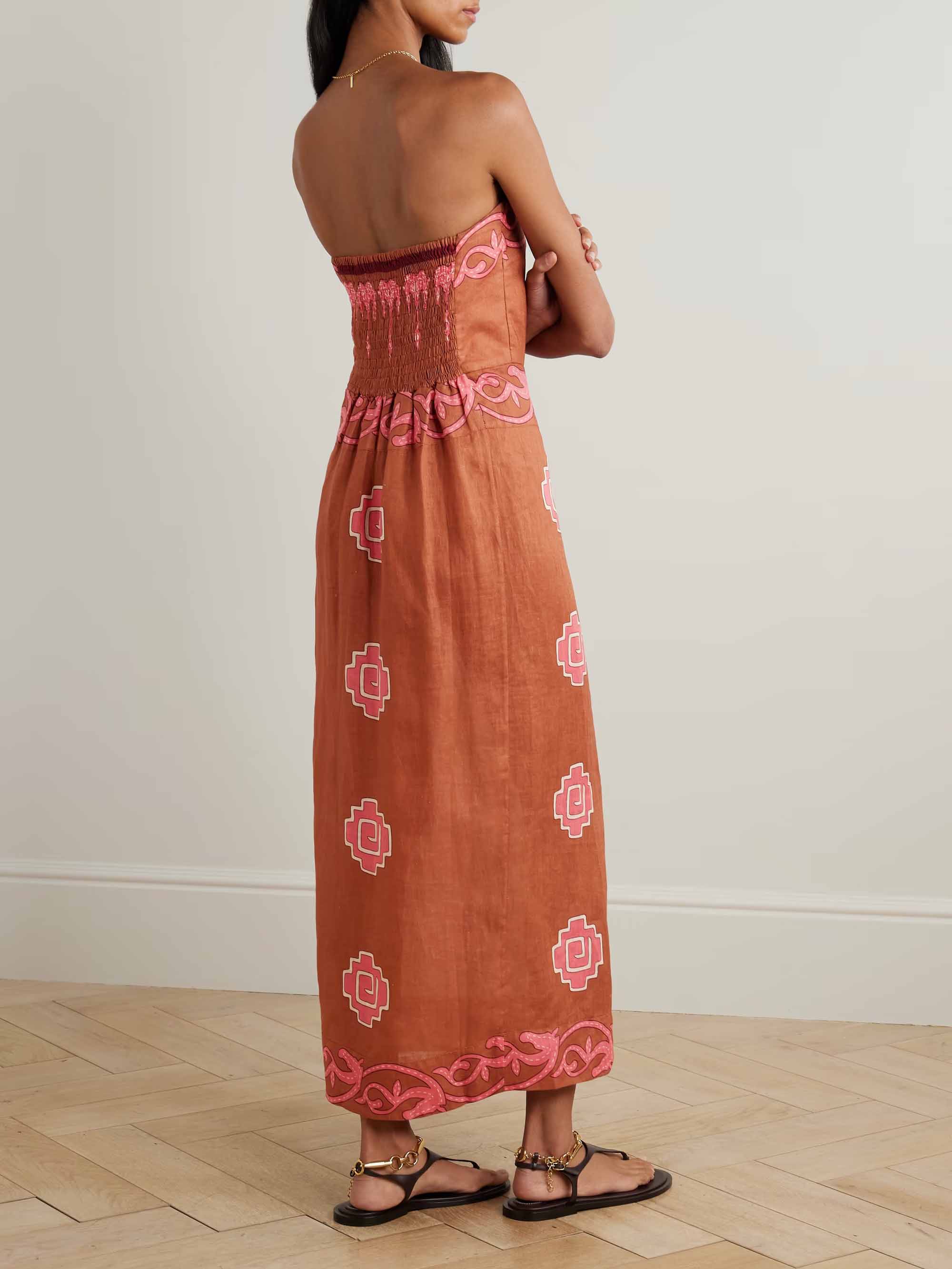 Retro Strapless Printed Slit Midi Dress
