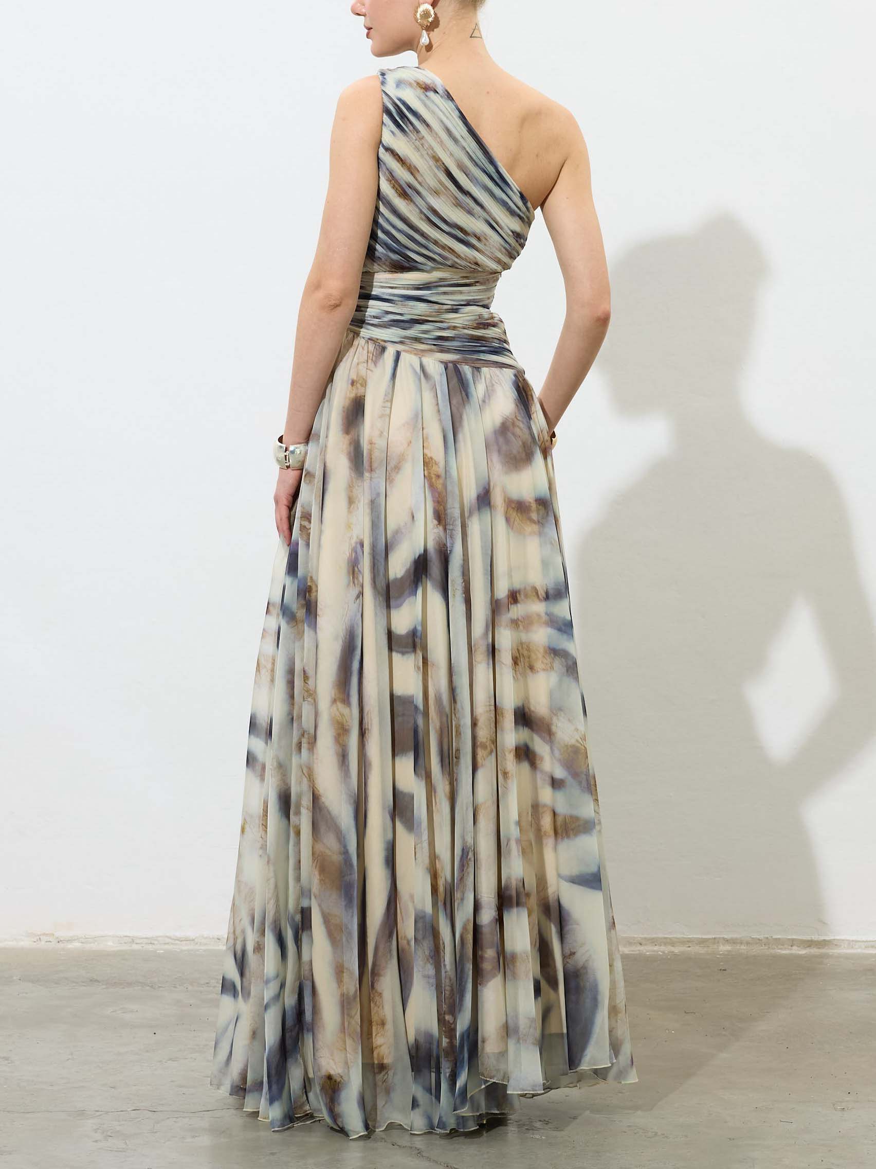Elegant One-Shoulder Marble Print Chiffon Maxi Dress