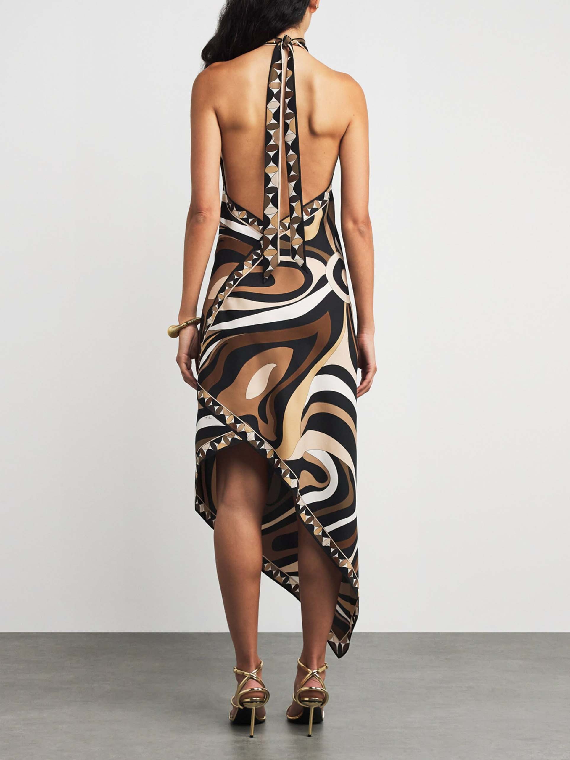 Exquisite Satin Irregular Print Halterneck Midi Dress