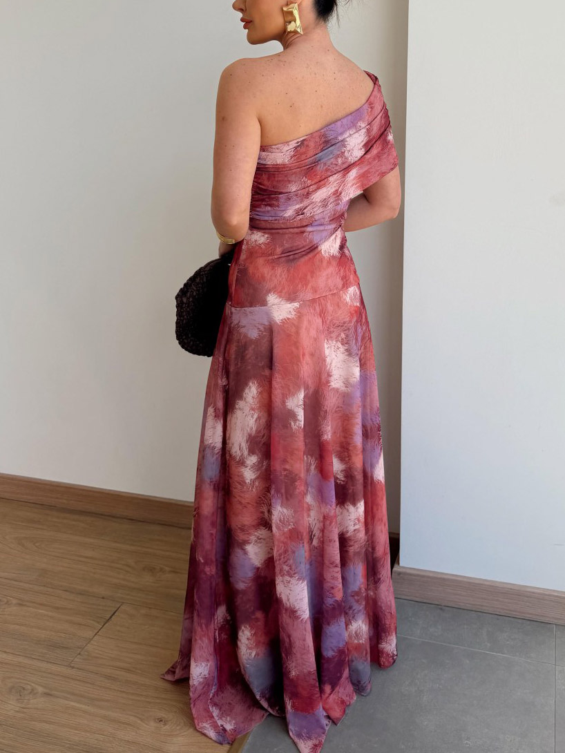 Elegant One-Shoulder Mesh Abstract Watercolor Print Maxi Dress