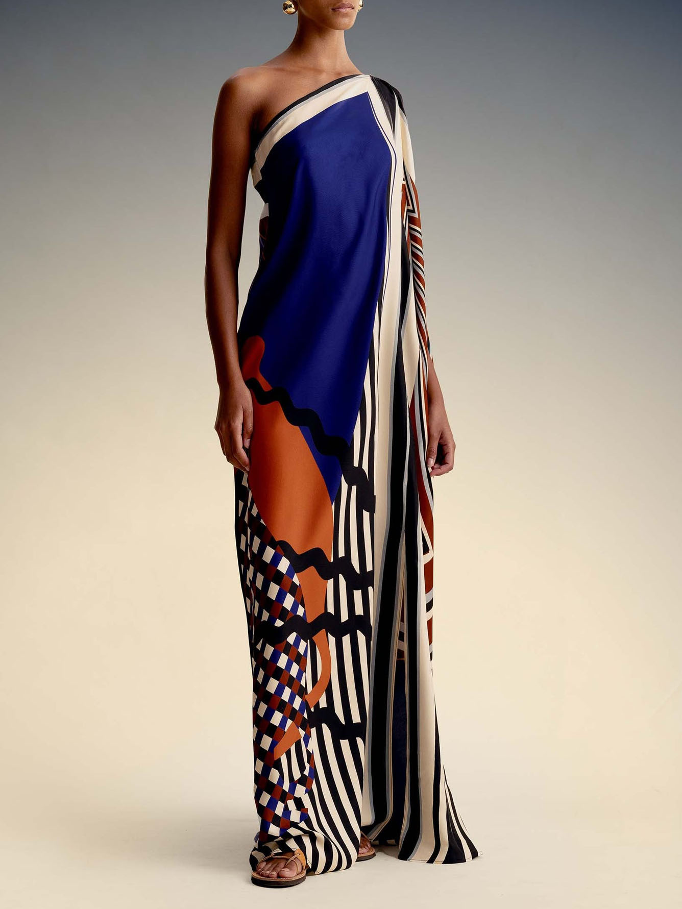 Elegant One-Shoulder Abstract Print Draped Maxi Dress