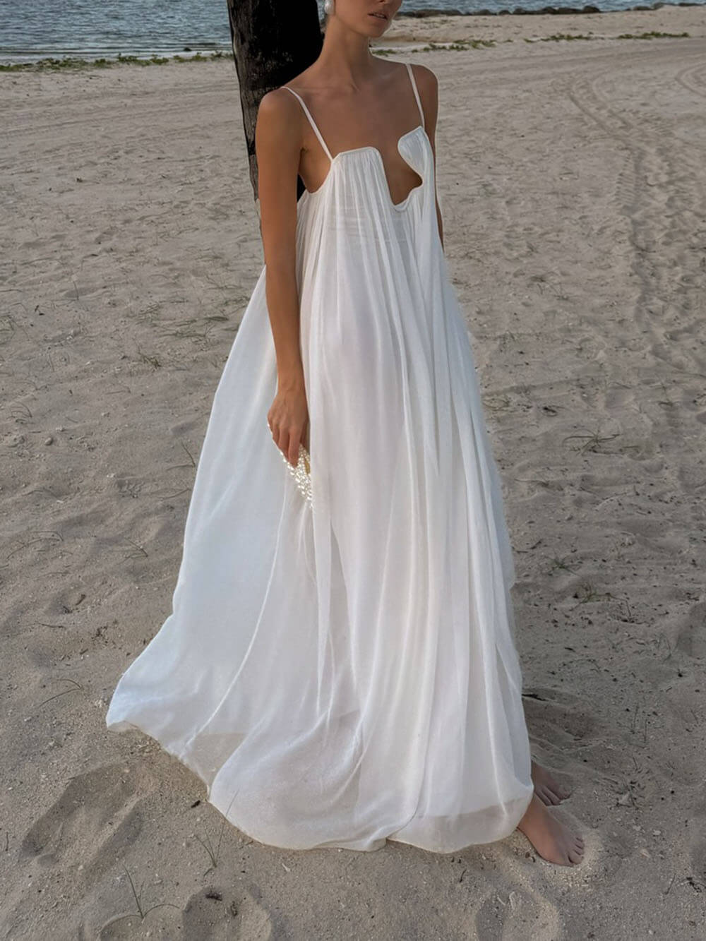 Fashion Flowy Chiffon Plunging Chest Cutout Slip Loose Maxi Dress
