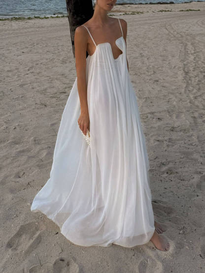 Fashion Flowy Chiffon Plunging Chest Cutout Slip Loose Maxi Dress
