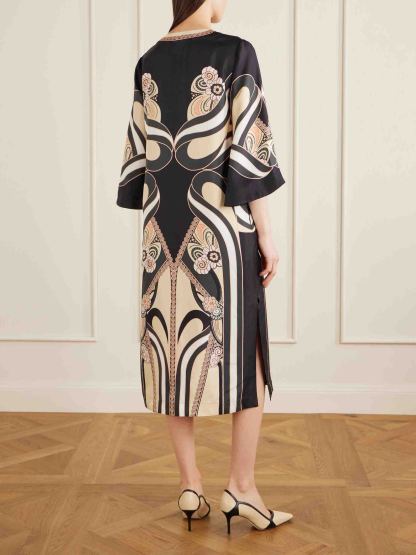 Elegant Satin Abstract Print V-Neck Flared Sleeve Midi Dress