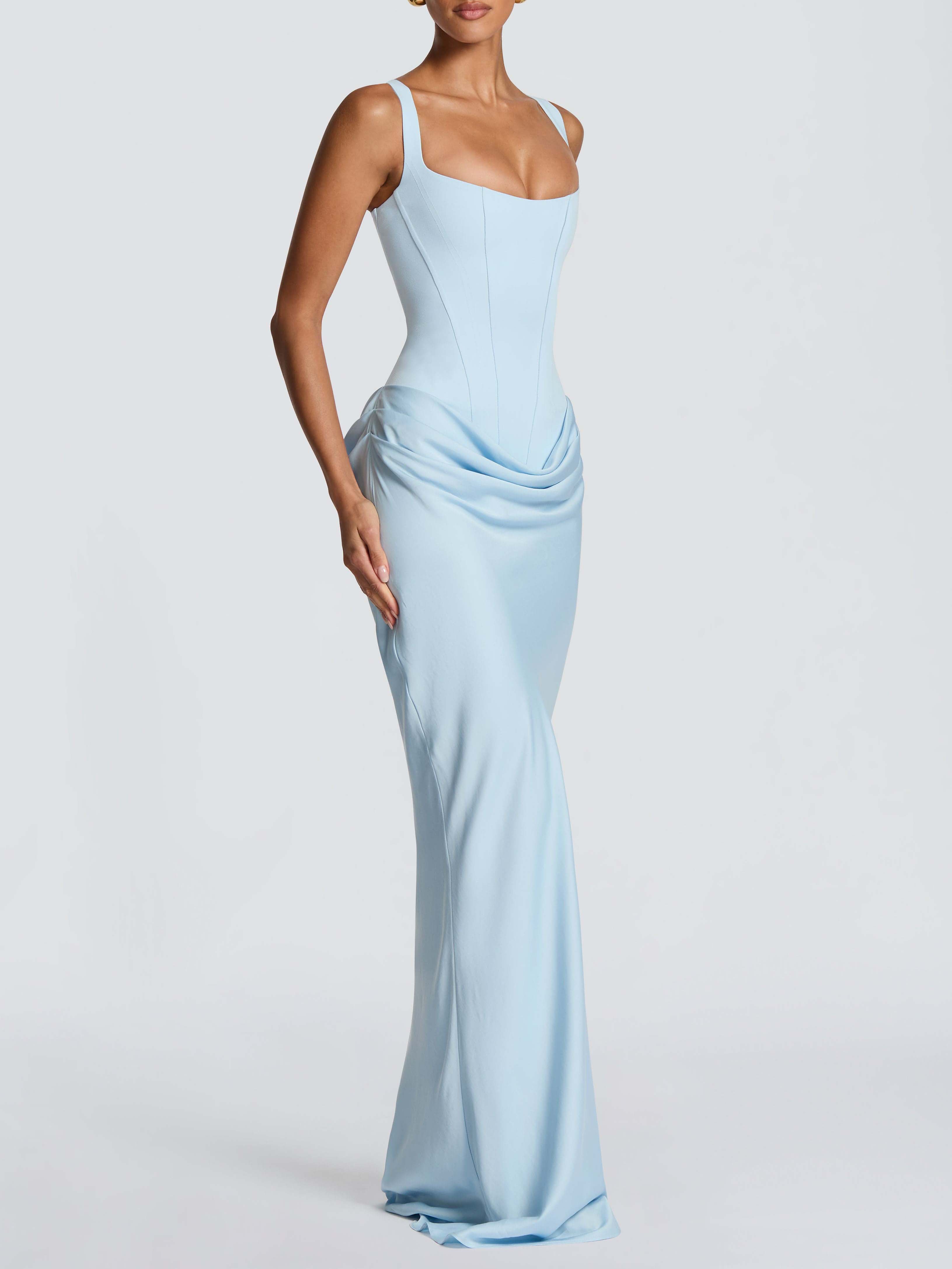 Elegant Square Neck Cinched Top & Ruched Waist Draped Maxi Dress