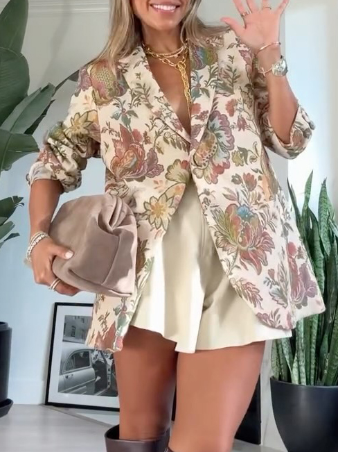 Exquisite Retro Floral Print Oversized Suit Shorts Set