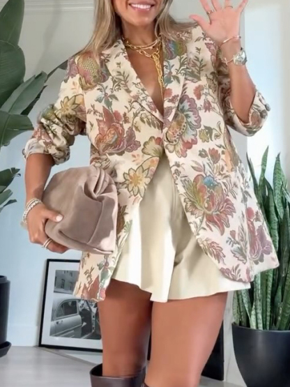 Exquisite Retro Floral Print Oversized Suit Shorts Set