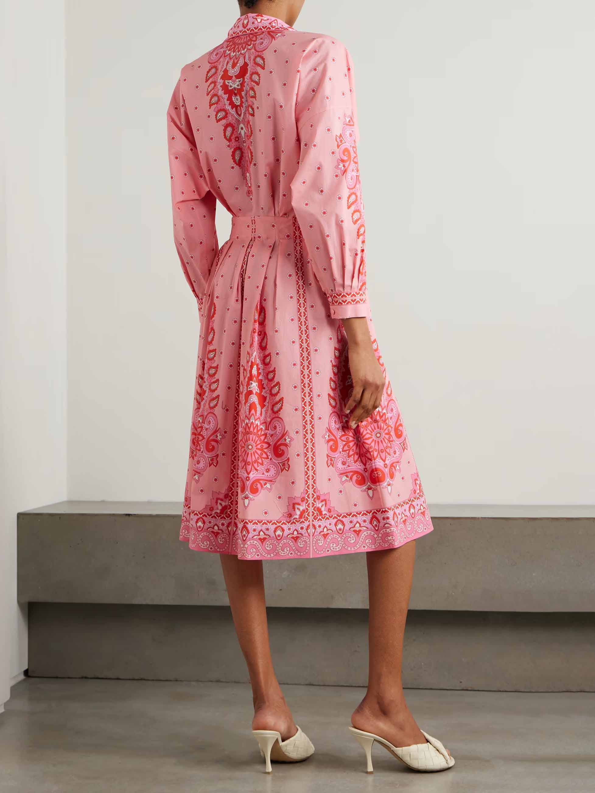 Casual Paisley Print Pleated Shirt Midi Dress