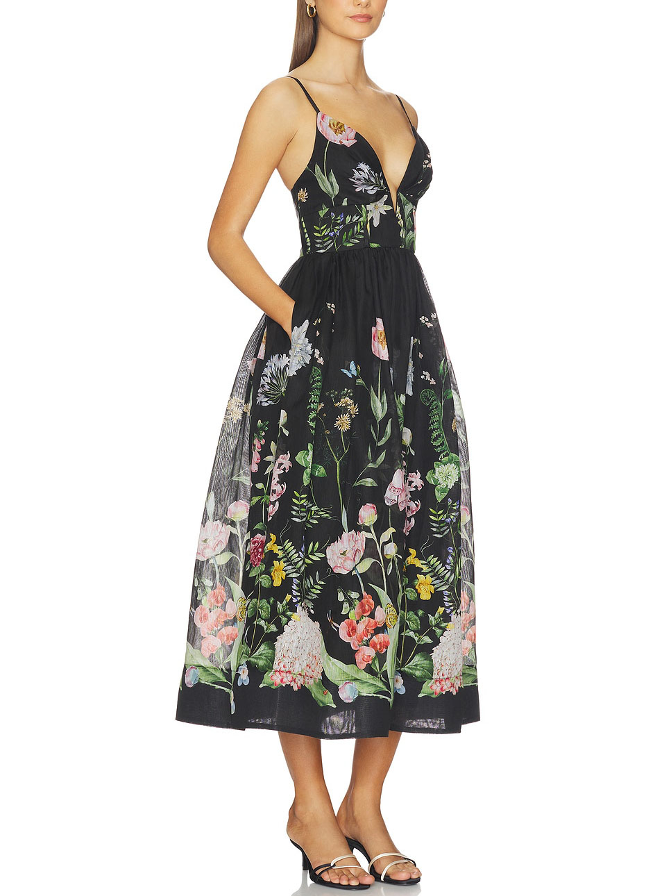 Elegant Botanical Print Deep V-Neck Fitted A-Line Midi Dress