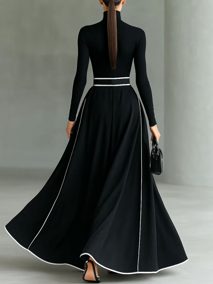 Elegant Color-blocked High-neck Maxi Dress