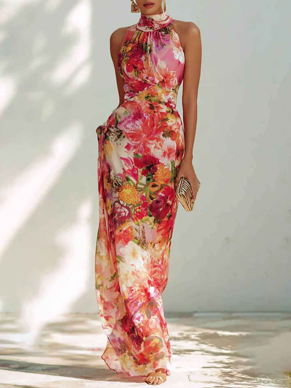 Fashion Floral Chiffon Halter Sleeveless A-Line Maxi Dress