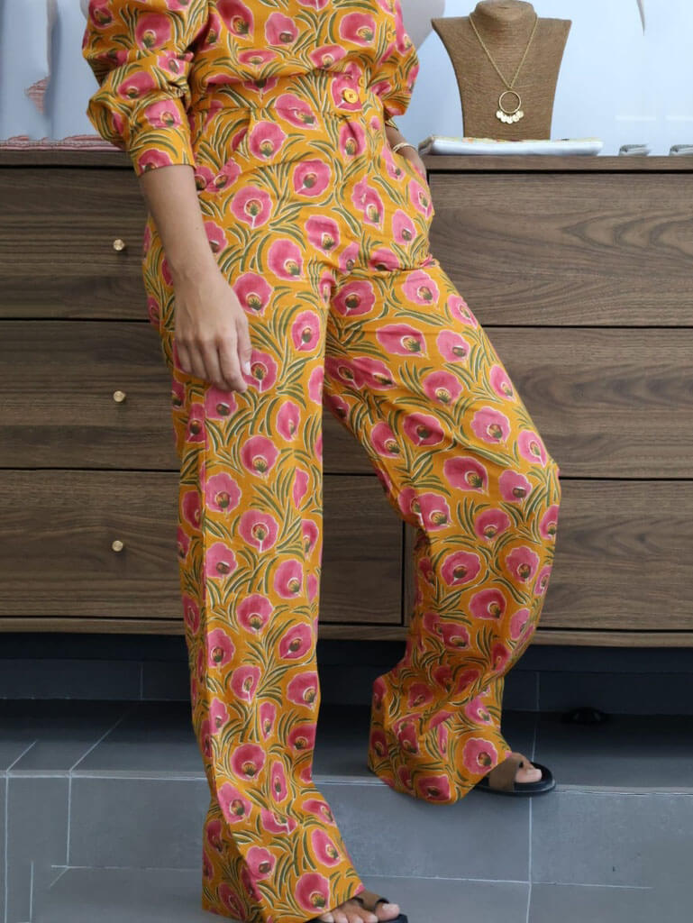 Unique Floral Print Mustard High-Waisted Straight-Leg Pants