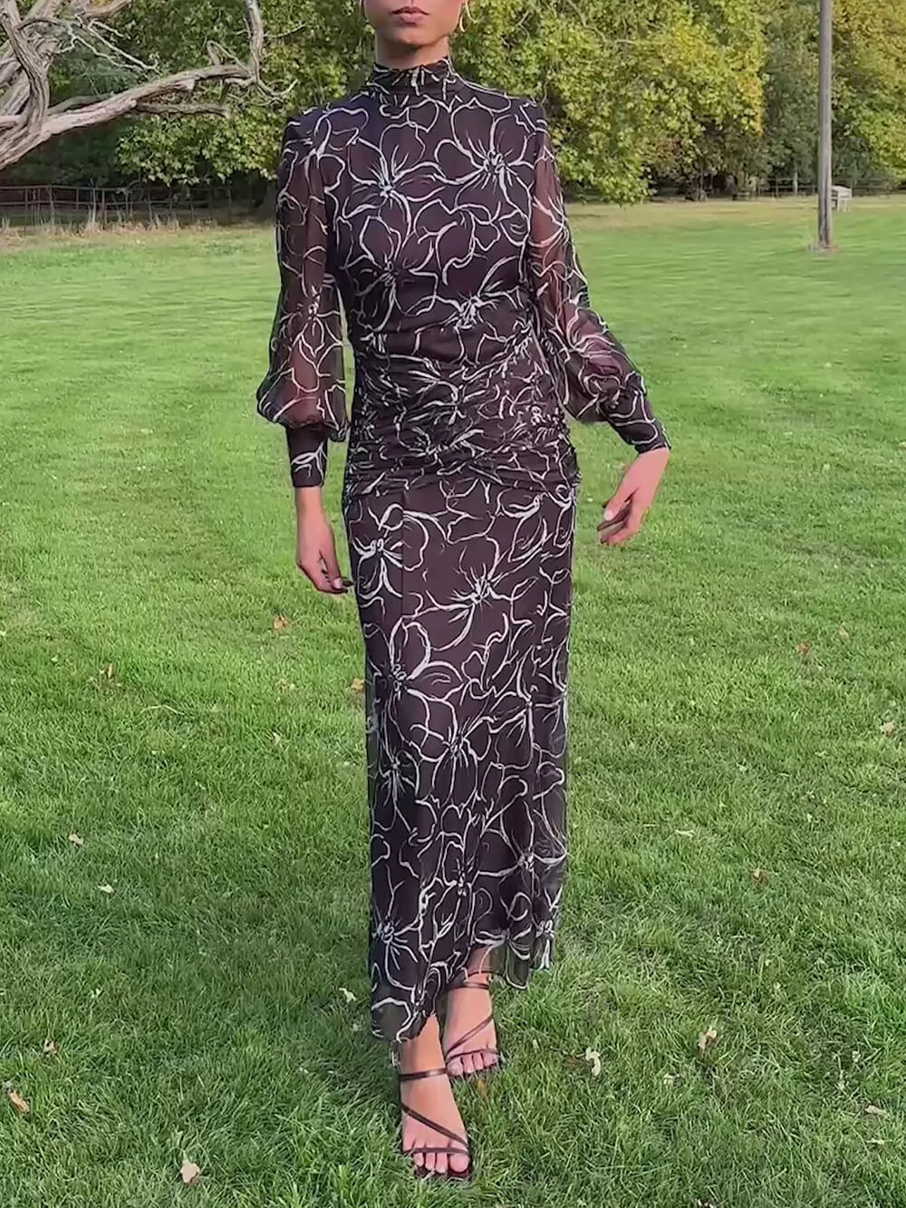 Exquisite Backless Printed Ruched Chiffon Long-Sleeve Maxi Dress