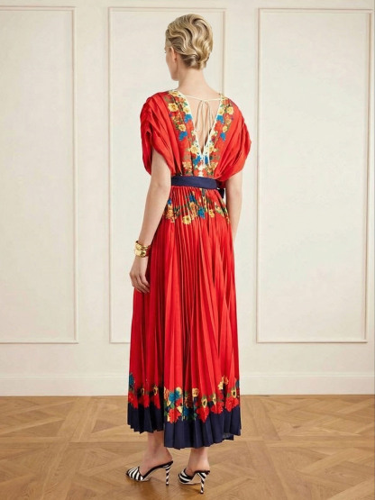 Exquisite V-Neck Pleated Print Maxi Dress