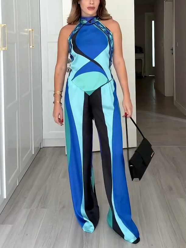 Exquisite Geometric Print Asymmetric Satin Two-piece Set