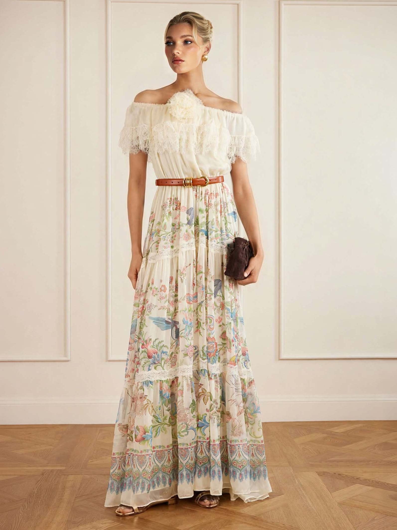 Bohemian Floral Bird Print Off-Shoulder Tiered Maxi Dress